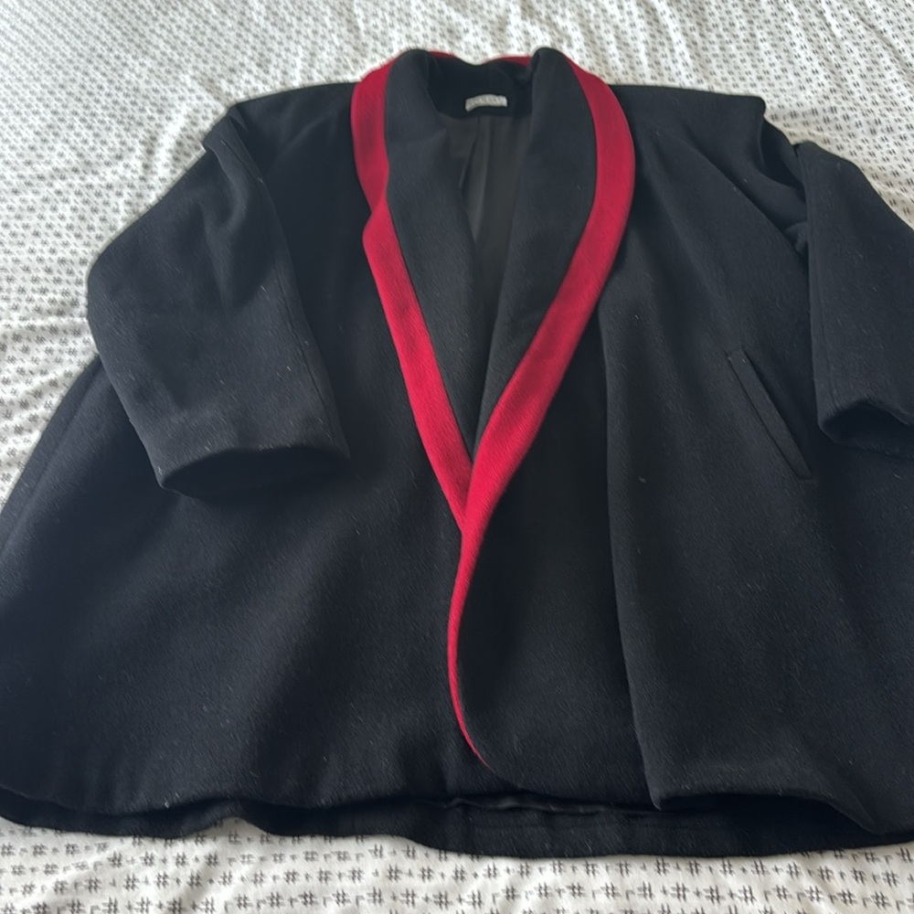 Vintage wool swing coat, no buttons, shawl collar, black w/ maroon trim, size L?